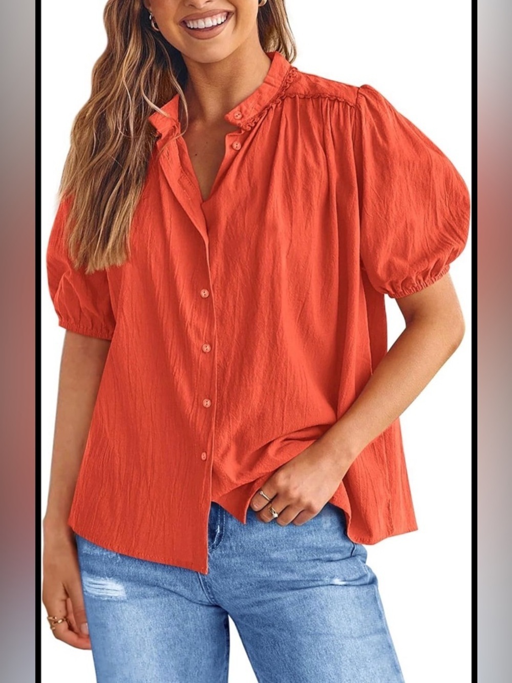 NWT Puff-Sleeve Button-Down Top in Orange Sz L
